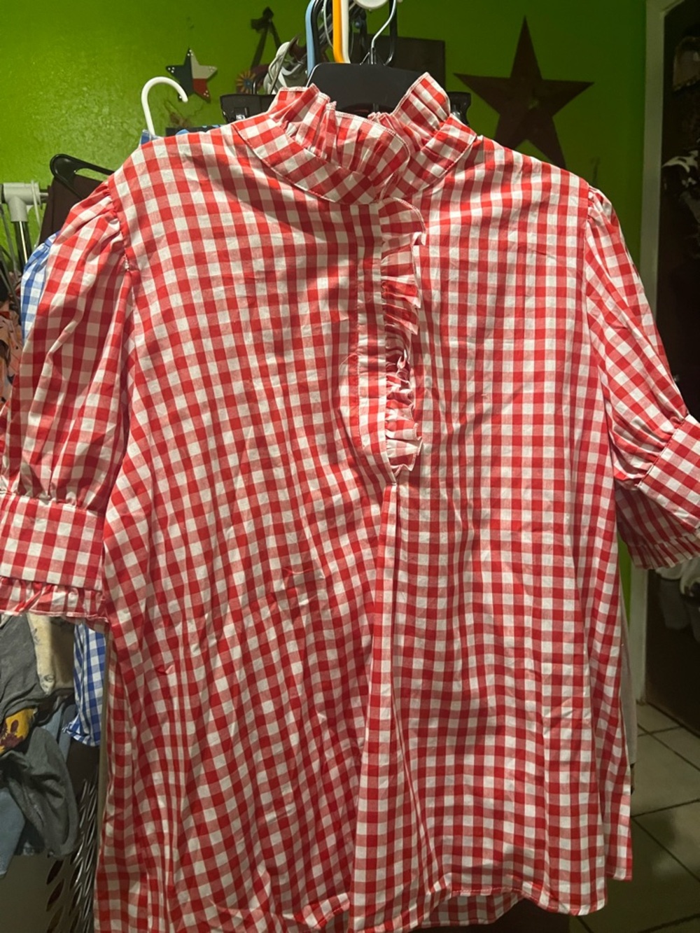 Red Gingham Ruffle-Trim woman’s  Shirt